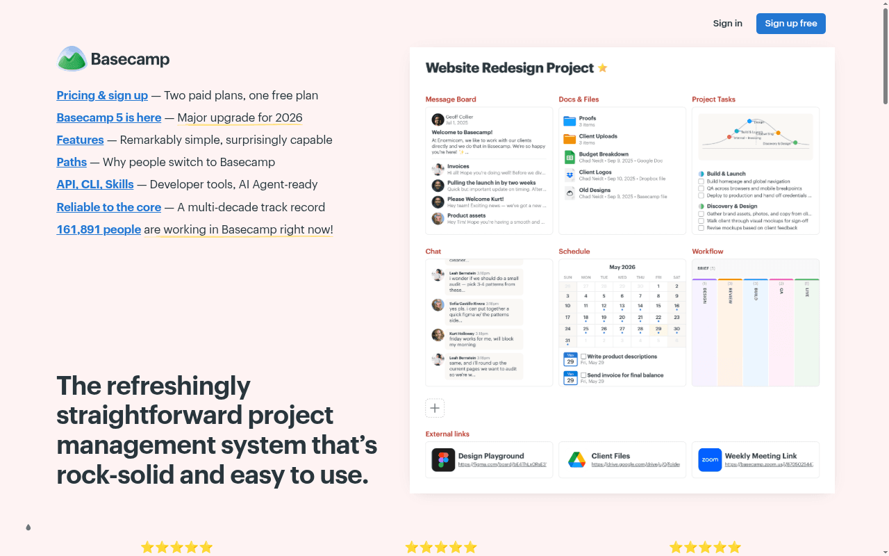 Basecamp landing page hero section at the time of the audit