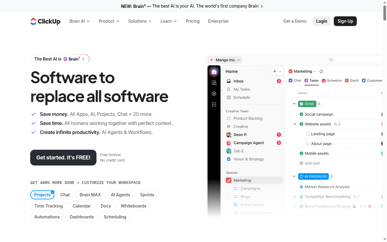 Clickup landing page hero section at the time of the audit