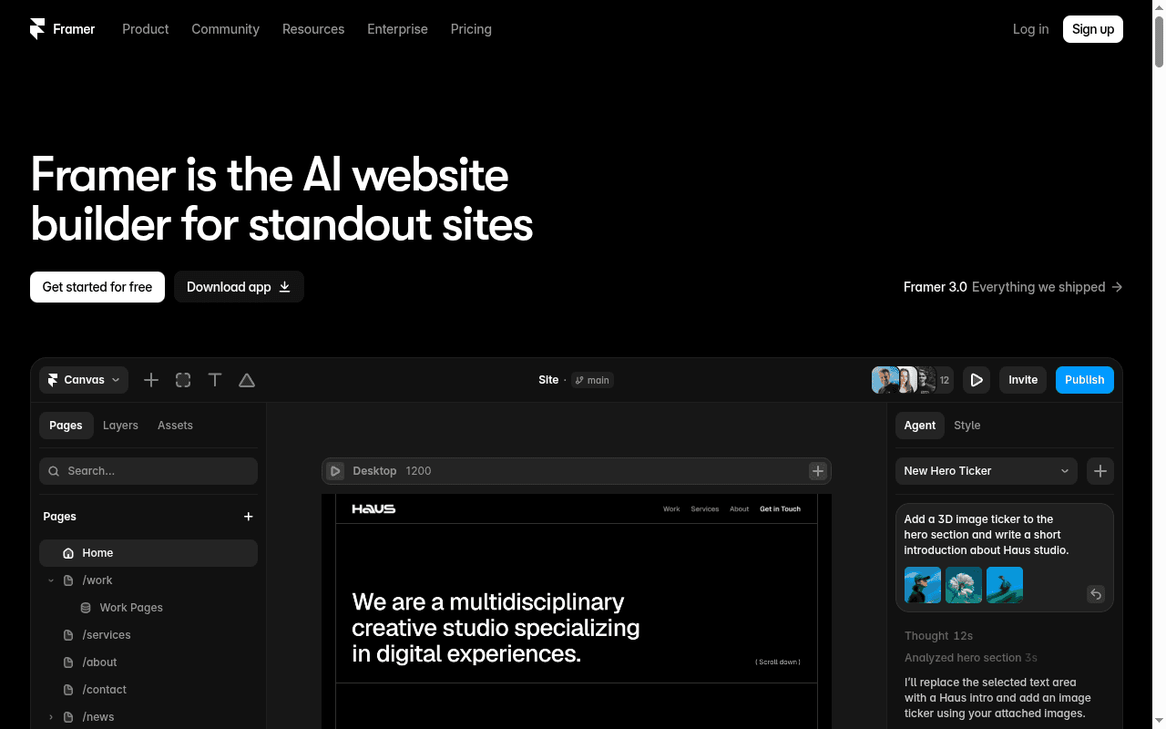 Framer landing page hero section at the time of the audit
