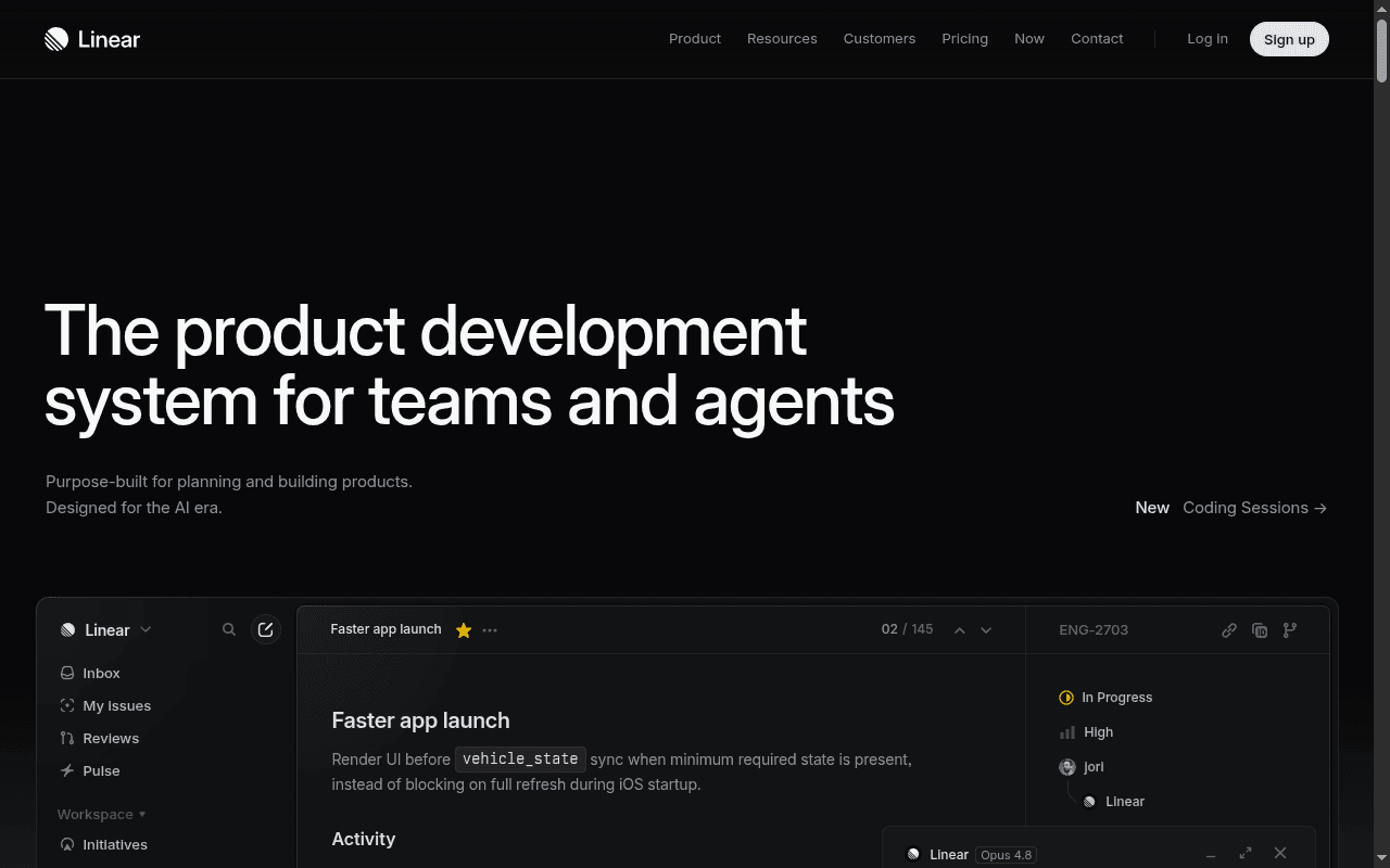 Linear landing page hero section at the time of the audit