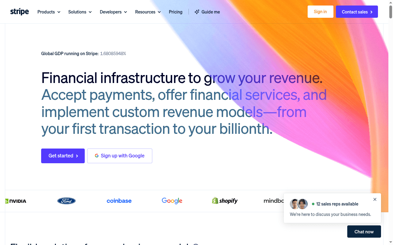 Stripe landing page hero section at the time of the audit
