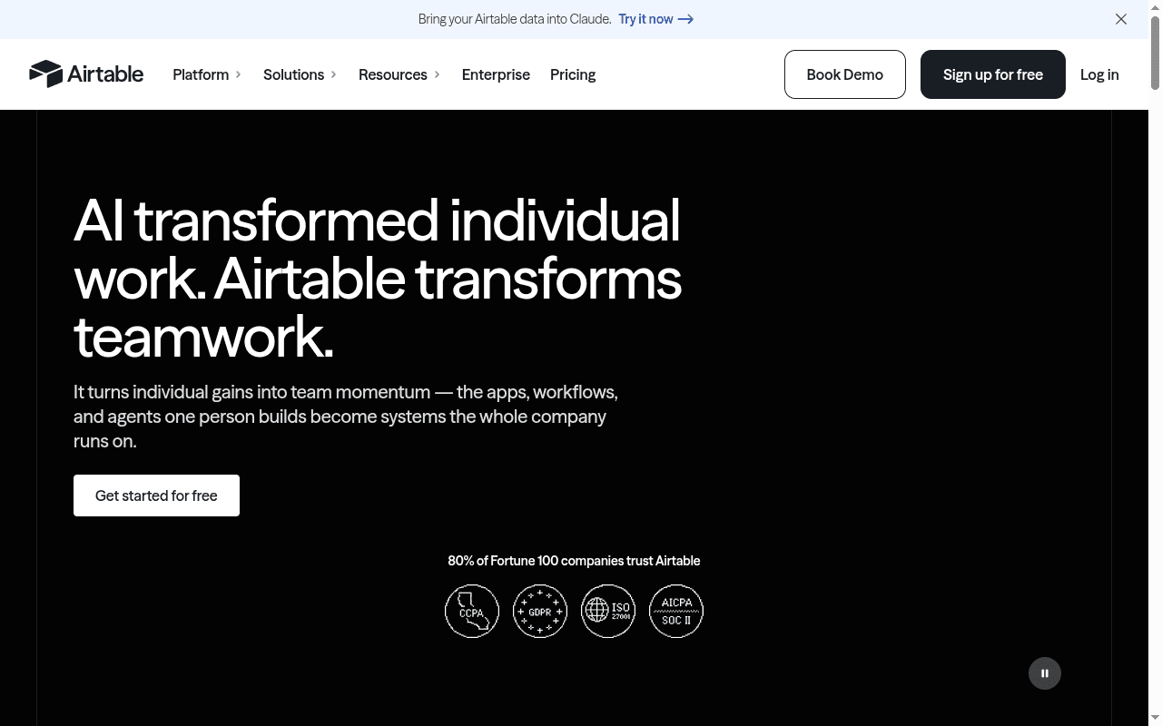 Airtable landing page hero section at the time of the audit