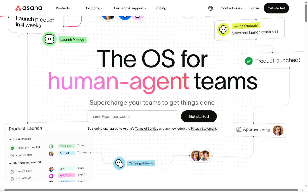 Asana landing page hero section at the time of the audit