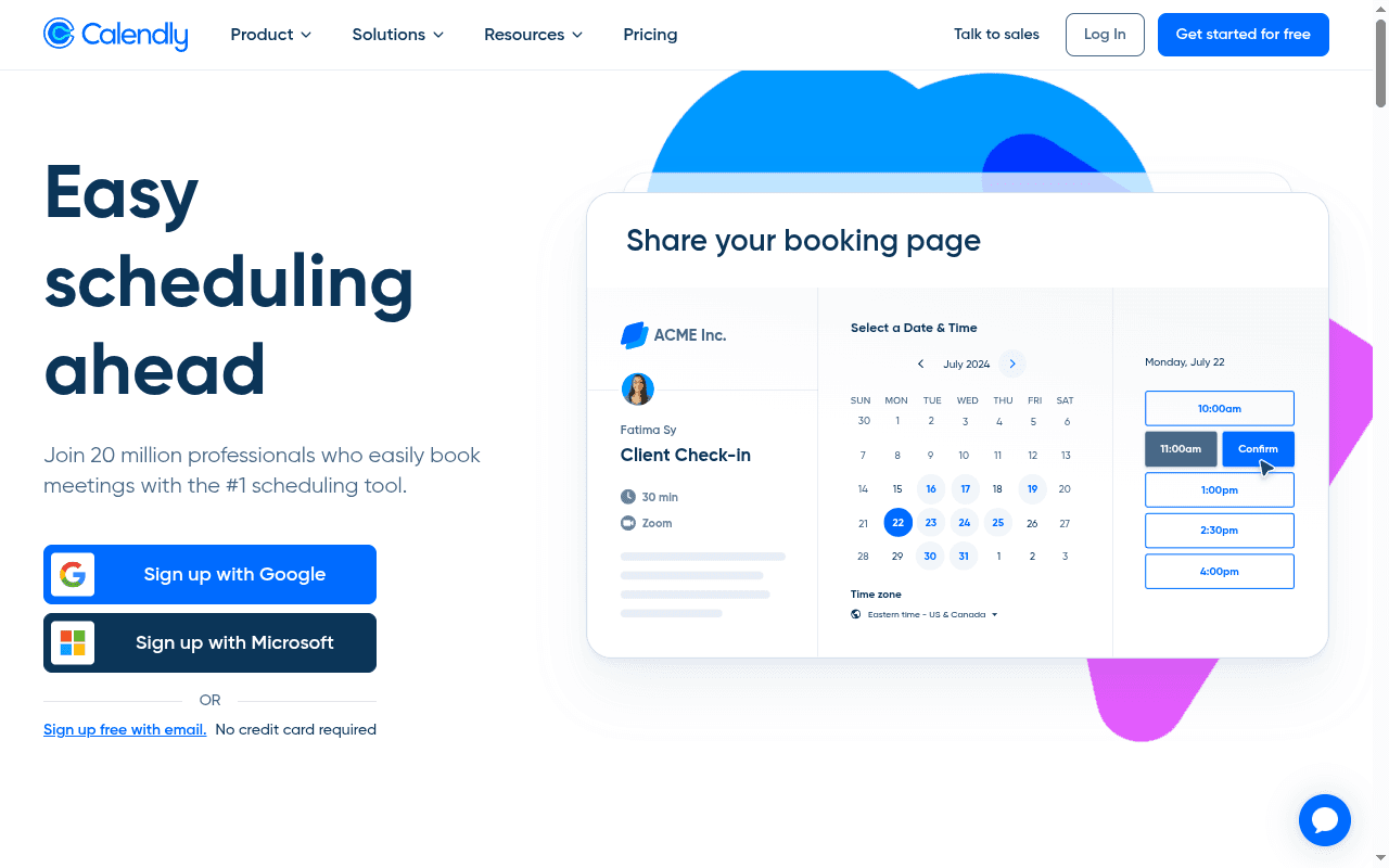 Calendly landing page hero section at the time of the audit