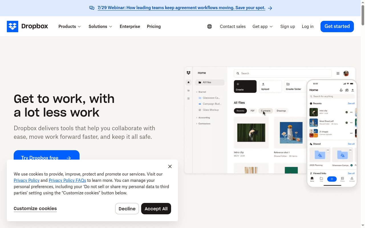 Dropbox landing page hero section at the time of the audit