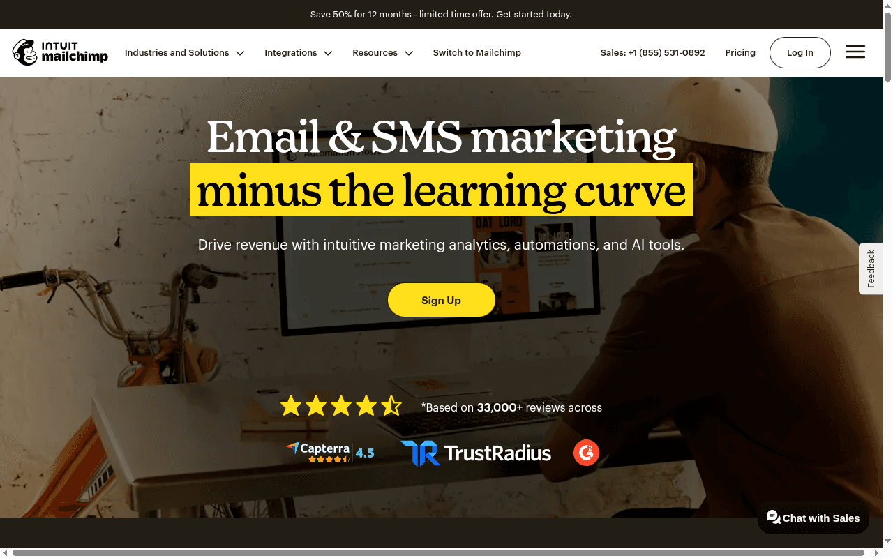 Mailchimp landing page hero section at the time of the audit