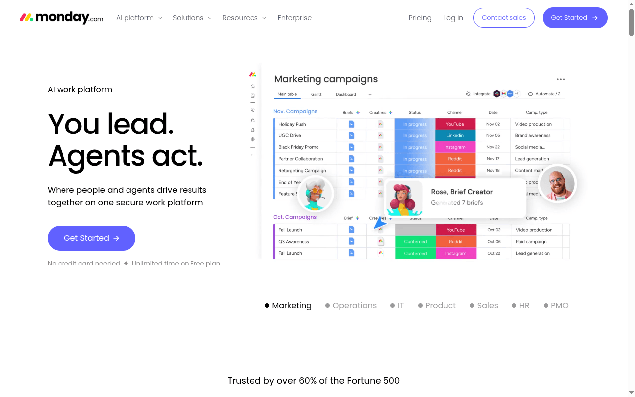 Monday landing page hero section at the time of the audit