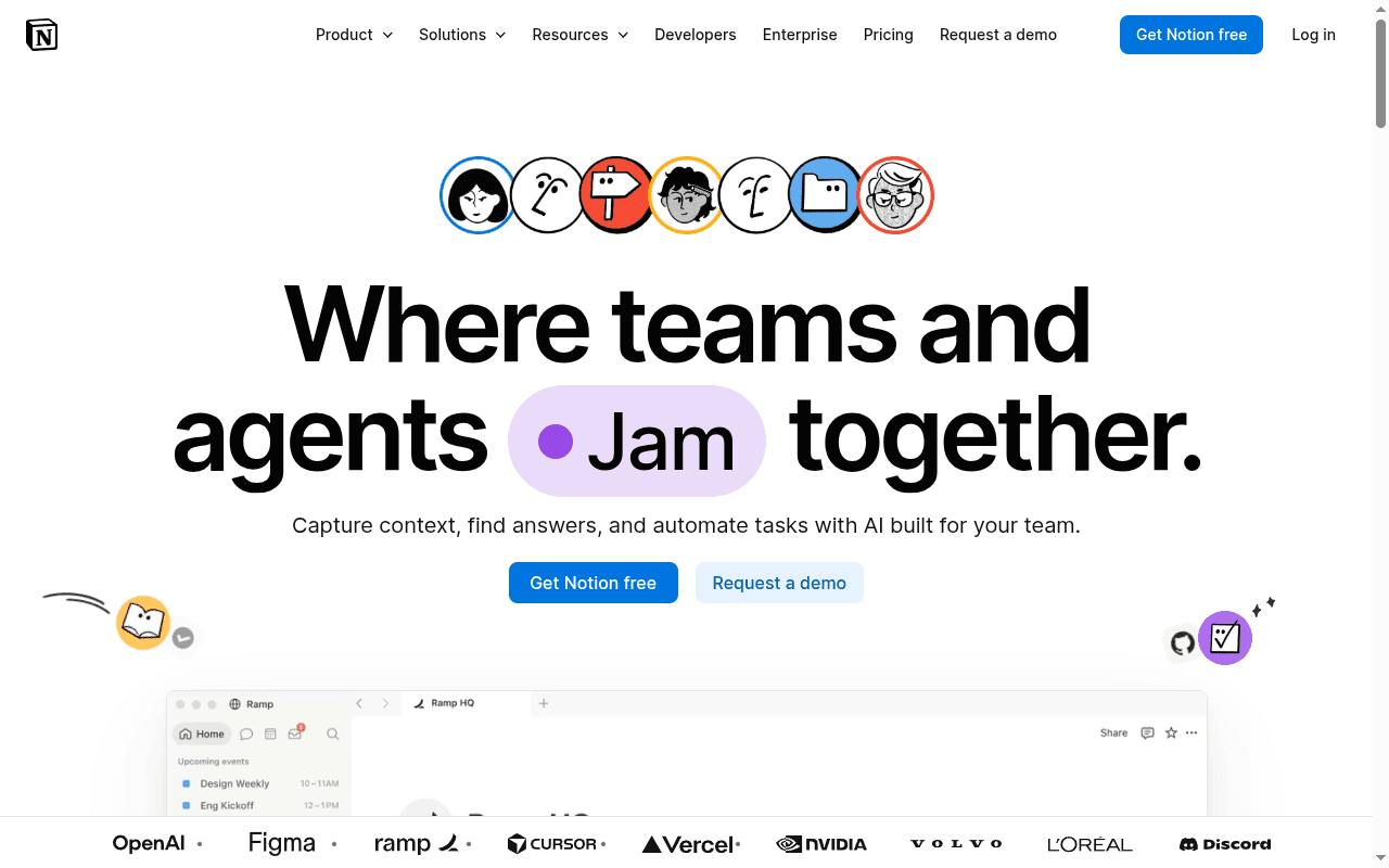 Notion landing page hero section at the time of the audit