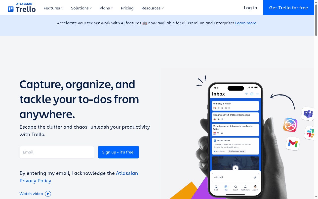 Trello landing page hero section at the time of the audit