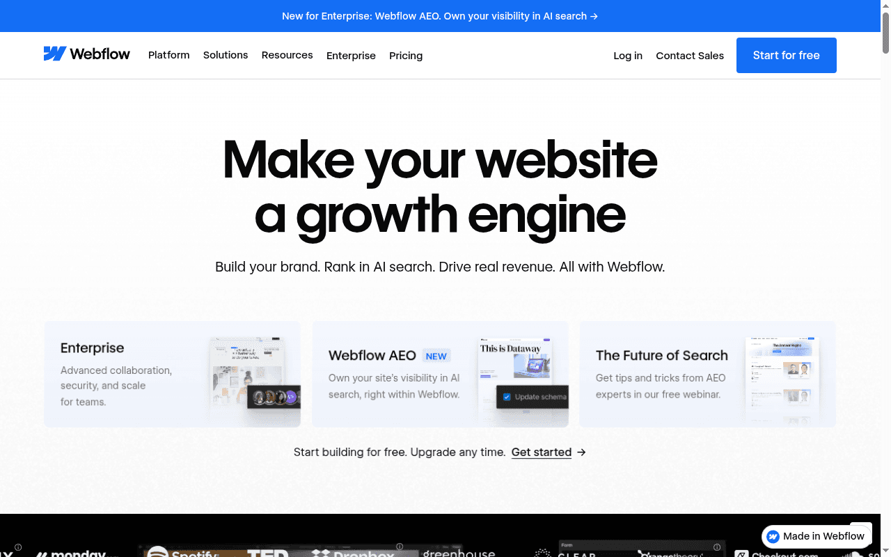 Webflow landing page hero section at the time of the audit