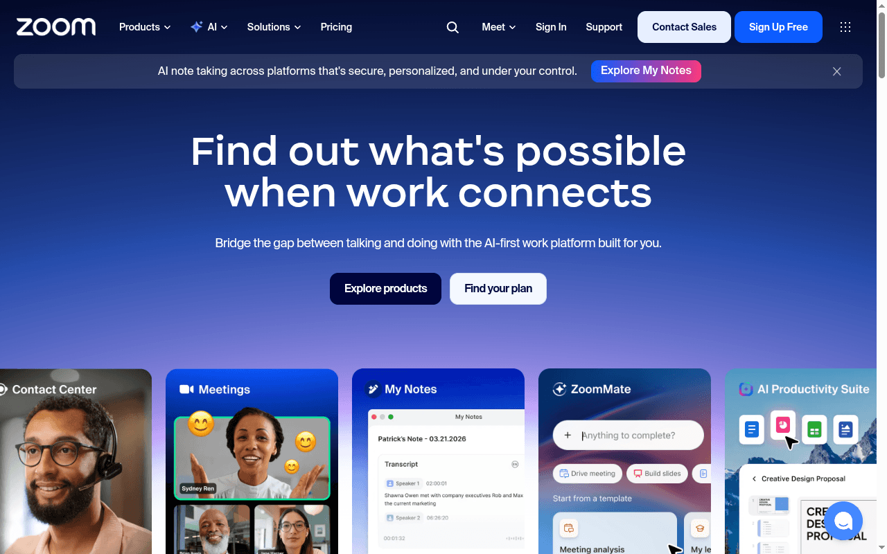 Zoom landing page hero section at the time of the audit